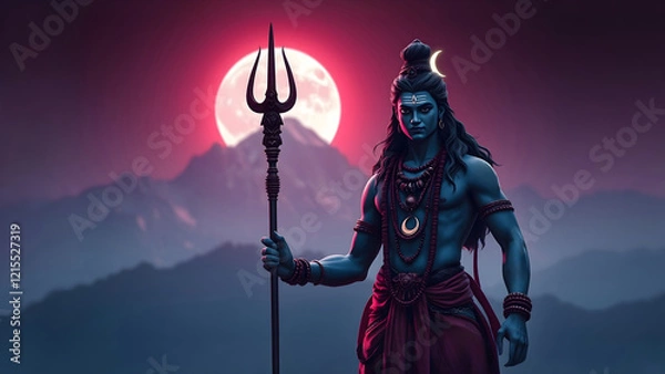 Fototapeta Mystical figure of Lord Shiva with a trident in his hand set against mount Kailas and full moon