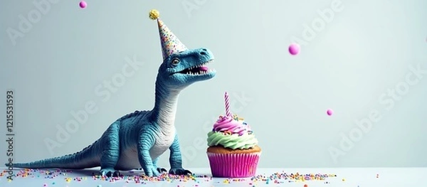 Fototapeta A dinosaur with a birthday hat, sitting next to a cupcake decorated with vibrant frosting and sprinkles, against a simple neutral background, perfect for a playful kids' party.