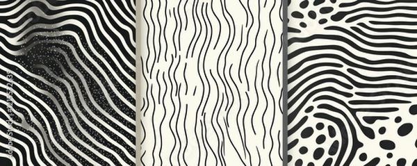 Fototapeta Black and white abstract patterns with curved lines and dots