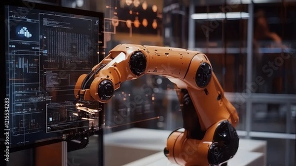 Fototapeta Advanced robotic arm manipulating a futuristic computer screen filled with complex data, charts, and code, highlighting automation and innovation in a high tech lab