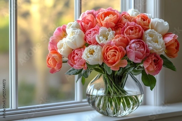 Fototapeta A bouquet of colorful roses and tulips in a glass vase on a windowsill with soft natural light. The scene feels fresh, romantic, and perfect for ads, weddings, or articles about love and nature.