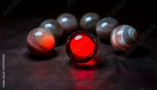 Fototapeta 회전하는 여러 개의 구슬들이 나열되어 있는 가운데, 하나의 구슬만 붉은빛으로 빛나는 장면
