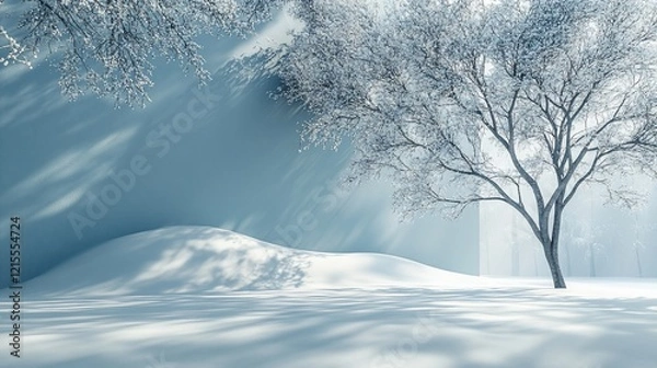 Fototapeta Snowy winter landscape with sunlit tree.