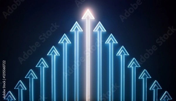 Fototapeta 어두운 배경에 빛나는 형광색 화살표들이 배열되어 있고, 그 가운데 하나만 유독 더 밝은 빛을 발하는 장면