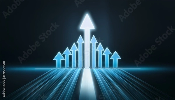 Fototapeta 어두운 배경에 빛나는 형광색 화살표들이 배열되어 있고, 그 가운데 하나만 유독 더 밝은 빛을 발하는 장면