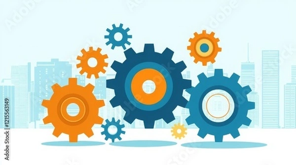 Fototapeta Business Team Building Activity Goal Colorful gears in a modern cityscape.