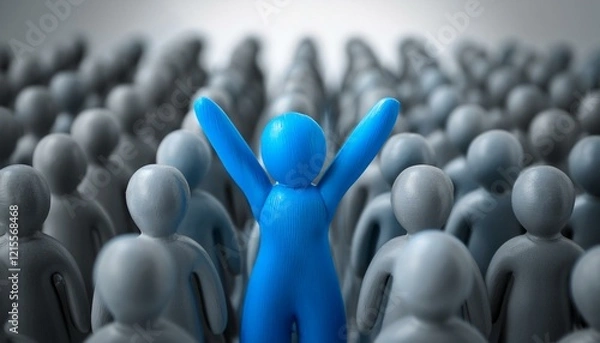 Fototapeta 수많은 회색 인형들이 모인 장면에서 한 인물이 밝은 파란색으로 강조되어 팔을 들어 위로 뻗은 모습