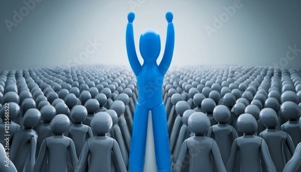 Fototapeta 수많은 회색 인형들이 모인 장면에서 한 인물이 밝은 파란색으로 강조되어 팔을 들어 위로 뻗은 모습