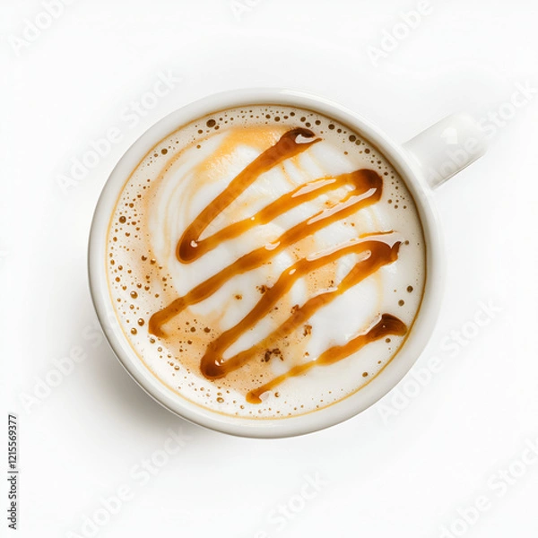 Fototapeta Caramel Latte Coffee Drink in a Mug, overhead view.