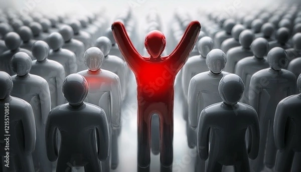 Fototapeta 수많은 회색 인간 형상의 군중 속에서 한 사람만 빨간색으로 강조된 모습