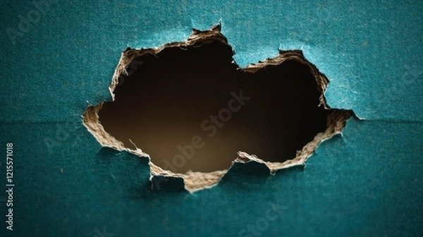 Fototapeta Torn cardboard hole, dark background, studio shot, packaging design