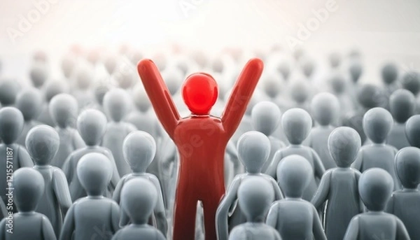 Fototapeta 수많은 회색 인간 형상의 군중 속에서 한 사람만 빨간색으로 강조된 모습