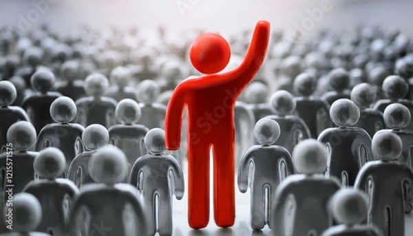 Fototapeta 수많은 회색 인간 형상의 군중 속에서 한 사람만 빨간색으로 강조된 모습