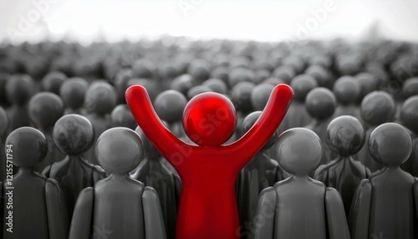 Fototapeta 수많은 회색 인간 형상의 군중 속에서 한 사람만 빨간색으로 강조된 모습