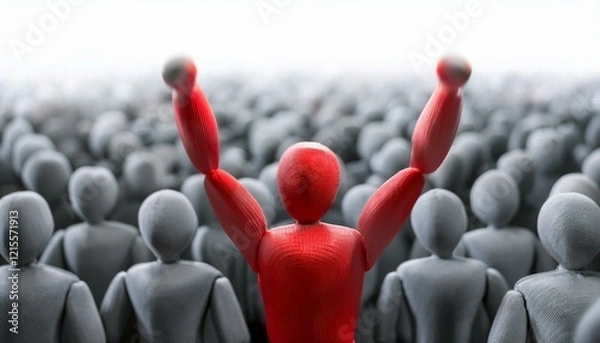 Fototapeta 수많은 회색 인간 형상의 군중 속에서 한 사람만 빨간색으로 강조된 모습