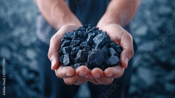 Obraz Experience the raw power of coal mining with a glimpse of an open pit mine and a handful of rich coal in hand.