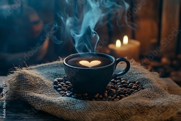 Obraz A romantic scene featuring a steaming cup of coffee with heart-shaped smoke, surrounded by coffee beans on a burlap sack, set against an old wooden backdrop to enhance the warmth.