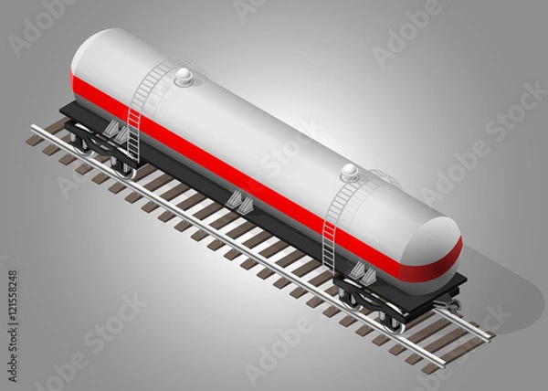 Fototapeta Vector isometric illustration of a large railway tank for fuel transportation. Railway cargo transportation.