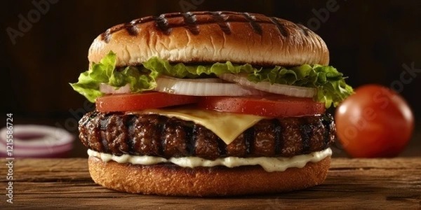 Fototapeta A delicious hamburger with lettuce, tomato, onion, cheese, and mayonnaise on a toasted bun.