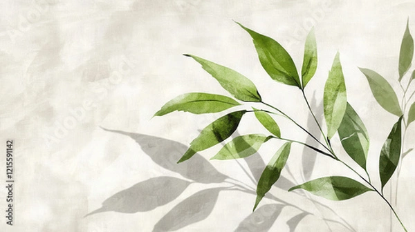 Fototapeta A minimalist ink wash painting of abstract foliage, bold strokes creating dynamic green leaves with vivid chartreuse highlights, sharp contrasting shadows on a faded parchment-like background