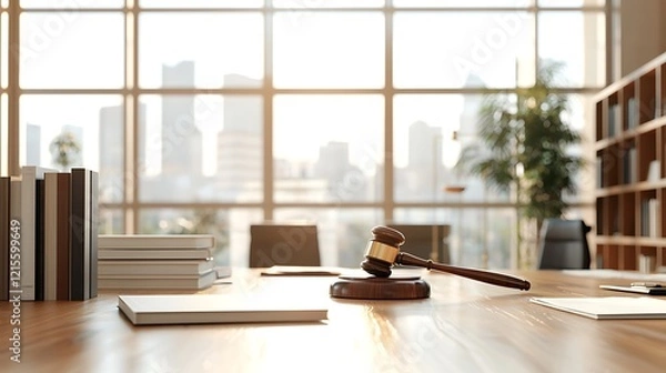 Obraz Gavel on conference table, city view, law office