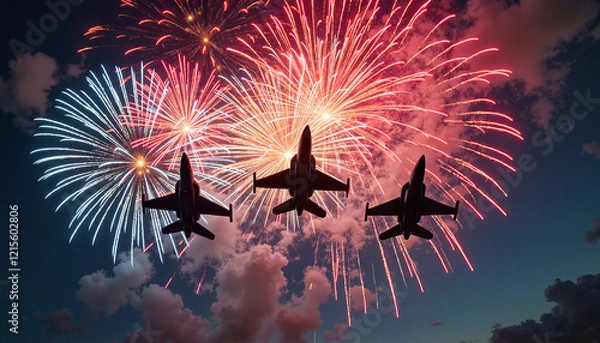 Fototapeta Fireworks exploding behind silhouetted fighter jets in night sky