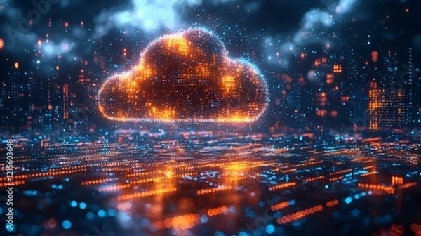 Fototapeta Digital cloud computing cityscape, futuristic technology background, data network