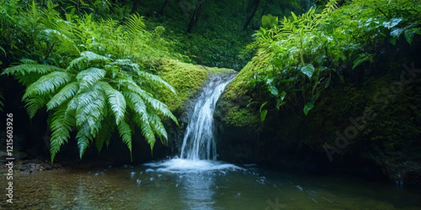Obraz Small Waterfall in Forested Area with Ferns and Moss