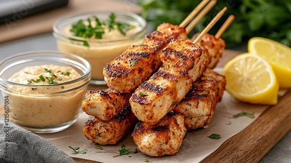 Fototapeta Grilled chicken skewers with lemon and sauce