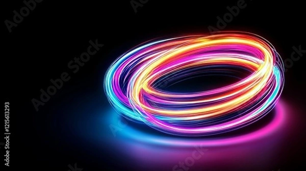 Fototapeta Circular neon light swirls in a turbine-inspired design, glowing vibrantly, ideal for modern party or festive title backdrops