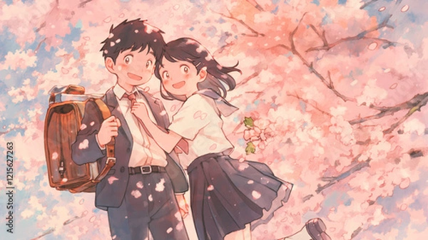 Fototapeta 満開の桜と制服姿の男女の友情：春の青春の瞬間。ノスタルジーな日本のアニメイラスト風。柔らかな水彩タッチのイラスト。