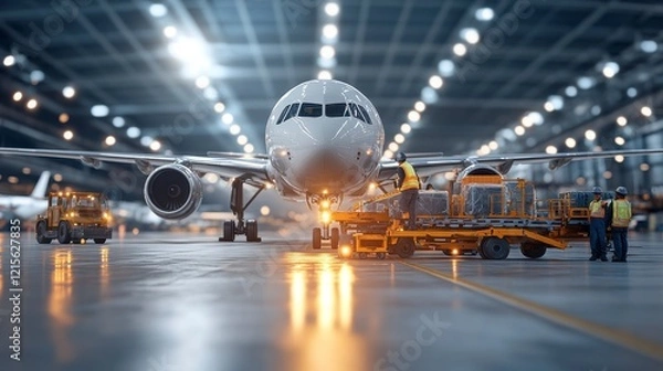 Obraz Airplane being loaded with cargo in a bustling hangar, showcasing ground crew and equipment