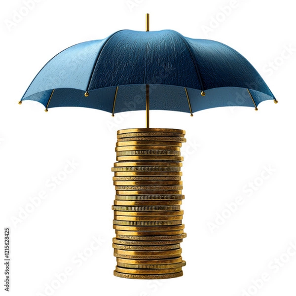 Obraz Protection and Wealth Concept with Umbrella and Coins Isolated on transparent background