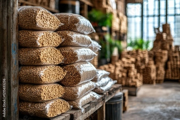 Fototapeta A detailed view of neatly stacked bags of wood pellets in a storage facility, showcasing the organized storage of biomass fuel for various applications.