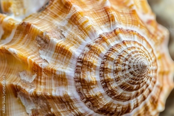 Fototapeta This close-up of a seashell reveals stunning texture patterns and a blend of warm colors, emphasizing the intricate beauty of nature's design in marine life.