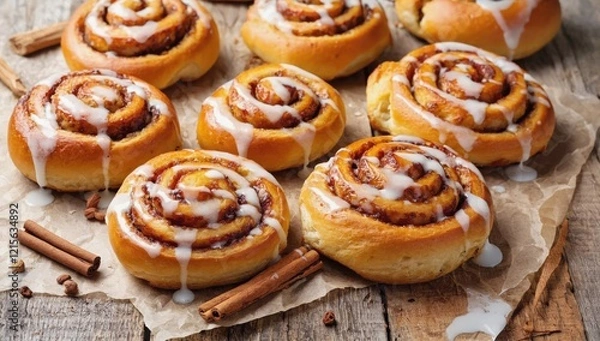 Fototapeta Sweet cinnamon buns with swirls of icing arranged on rustic wood, showcasing a warm and inviting baked treat for breakfast or dessert