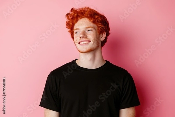 Fototapeta A bright and joyful young man with curly red hair beams with happiness, embodying a spirit of optimism against a delightful pink background in this lively portrait.