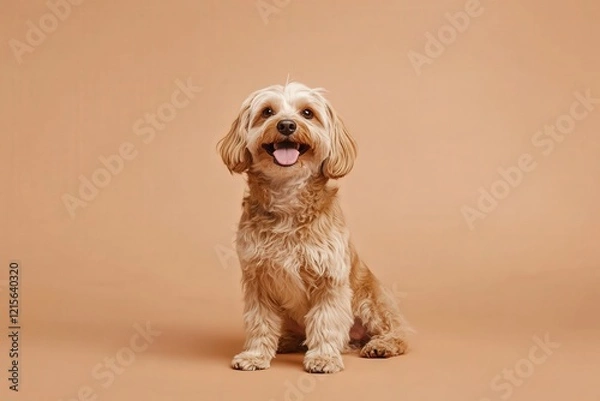 Fototapeta This image showcases a friendly dog with a wide smile against a soft beige background, symbolizing loyalty, companionship, and the joy of having pets in our lives.