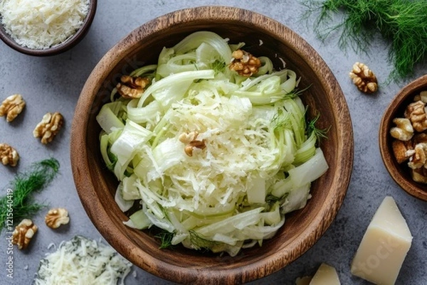 Fototapeta A close-up of a delicious fennel salad featuring finely grated cheese and crunchy walnuts, perfectly combined for a light and healthy dish that is visually satisfying.