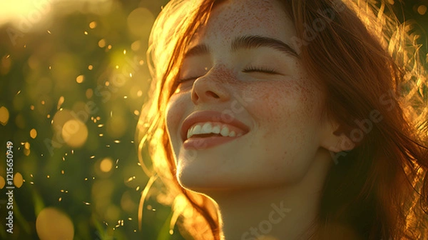 Fototapeta Radiant Happy Woman Smiling Amidst Glowing Lights, Capturing Joy, Positivity, and Warmth in a Dreamy, Magical Atmosphere