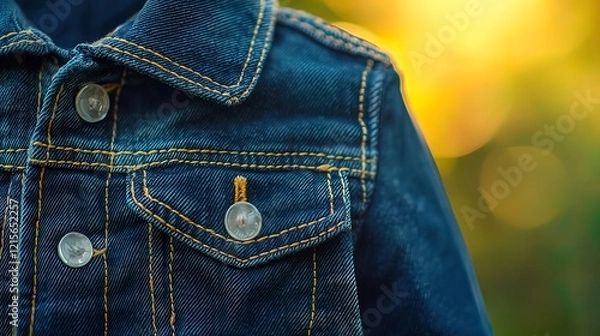 Fototapeta Close-up of a denim jacket's upper portion, showing buttons, stitching, and a pocket against a blurred natural background.