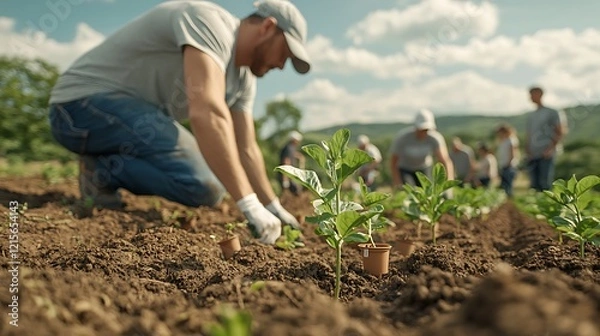 Fototapeta Volunteers planting saplings, sunny field, community project, environmental initiative