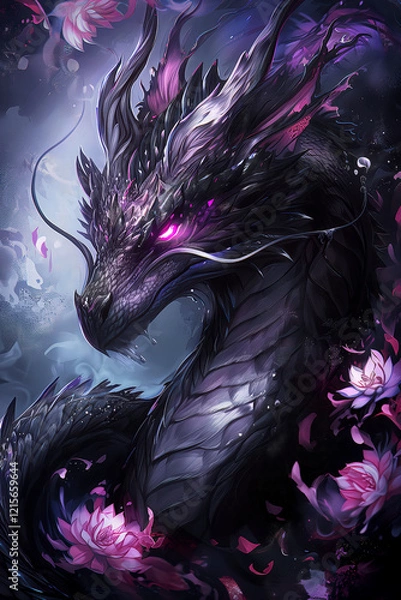 Fototapeta Drache umgeben von schimmernden Lotusblüten in einer geheimnisvollen Traumlandschaft. In einer mystischen Umgebung entfaltet sich die Kraft eines majestätischen dunklen Drachen. #0001
