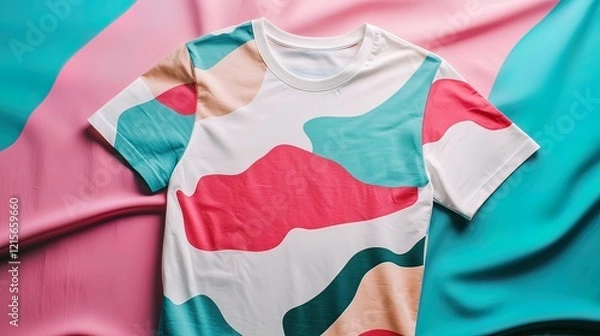 Fototapeta White t-shirt with abstract print on pink and blue fabric.