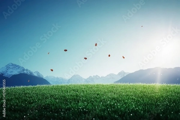 Obraz A serene landscape featuring a grassy hill with falling leaves against majestic mountains and a bright sun