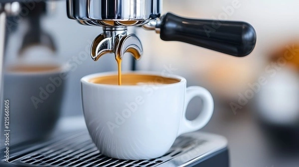 Obraz Espresso pouring from machine into white cup. (1)