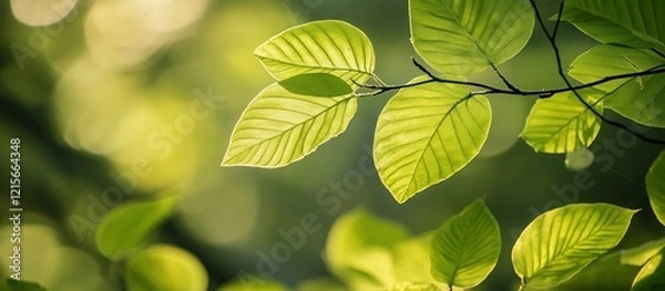 Obraz Sunlit green leaves on a branch, nature background.