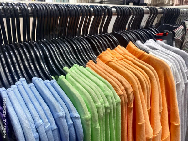 Fototapeta T-shirts hanging neatly in a clothing store,display in a clothing store