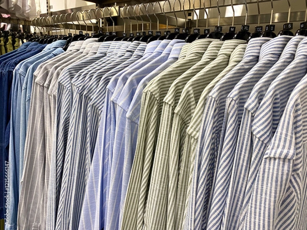 Fototapeta A row of shirts hangs neatly on a clothing rack in a close-up shot, showcasing a variety of colors and patterns