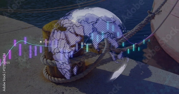 Fototapeta Image of financial data processing over sea port and globe